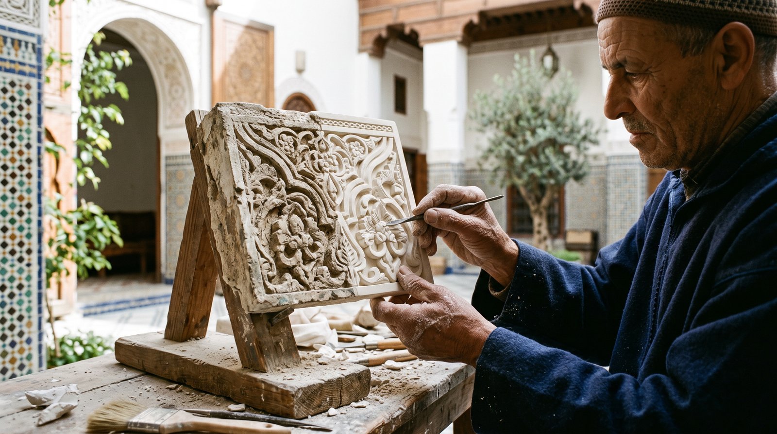 Artisan restaurant une ancienne sculpture en plâtre traditionnel marocain