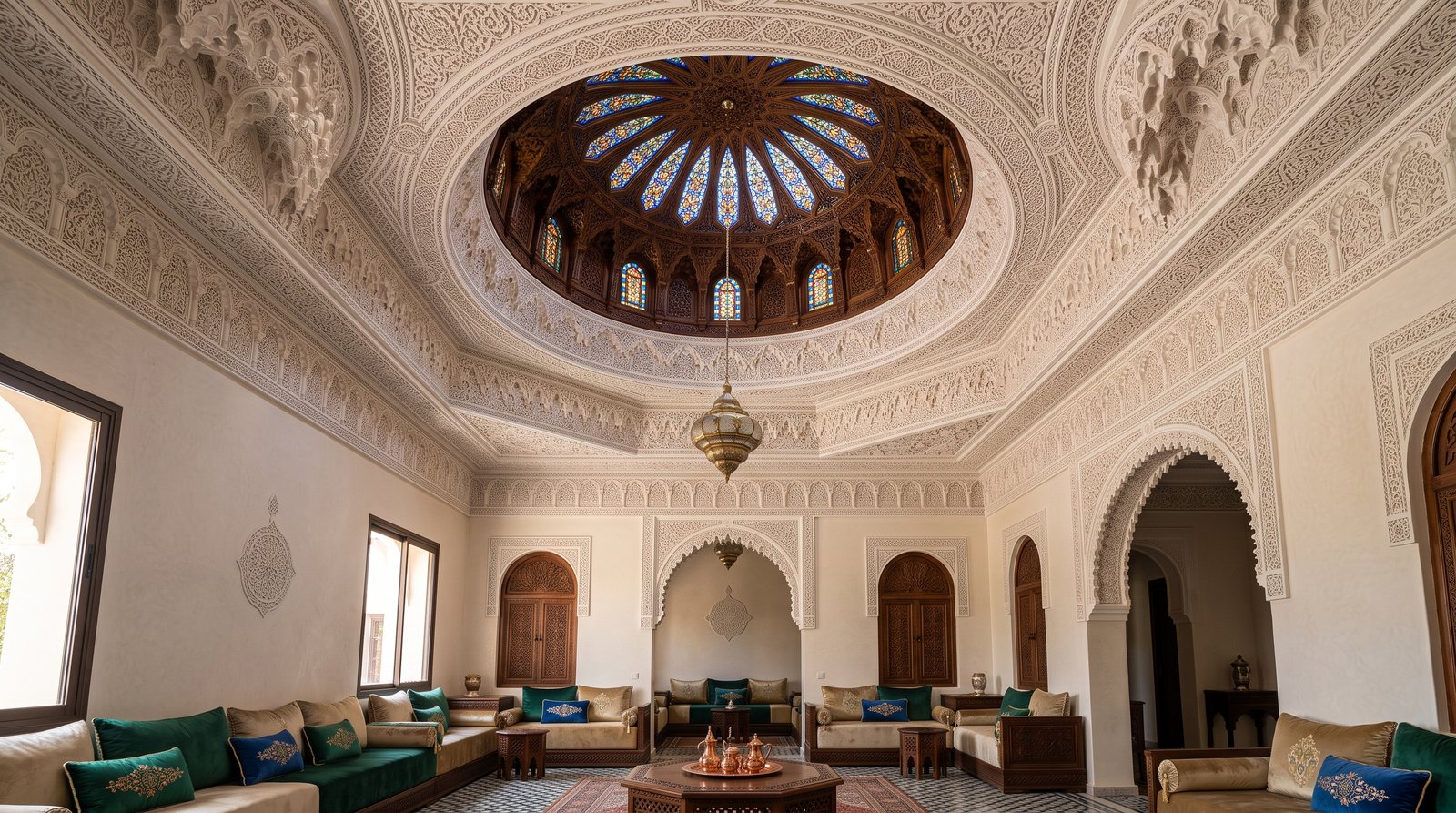 Plafond en plâtre traditionnel marocain sculpté avec rosace, corniches et motifs géométriques